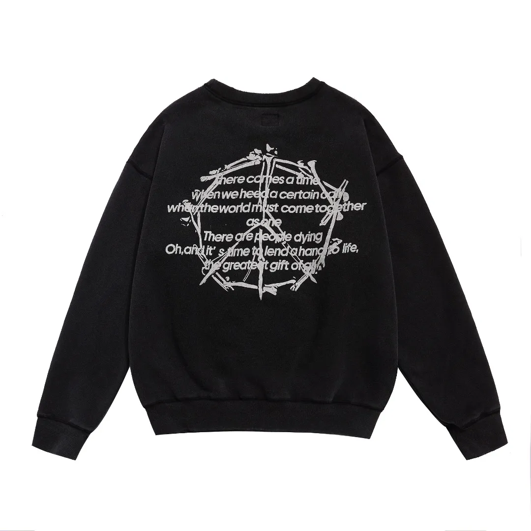 saint michael American devil print retro washed and distressed loose round neck pullover plus velvet long-sleeved sweatshirt Fabric: 420g Style number: SM619 Size: S-M-L-XL Color: Black Price: P198